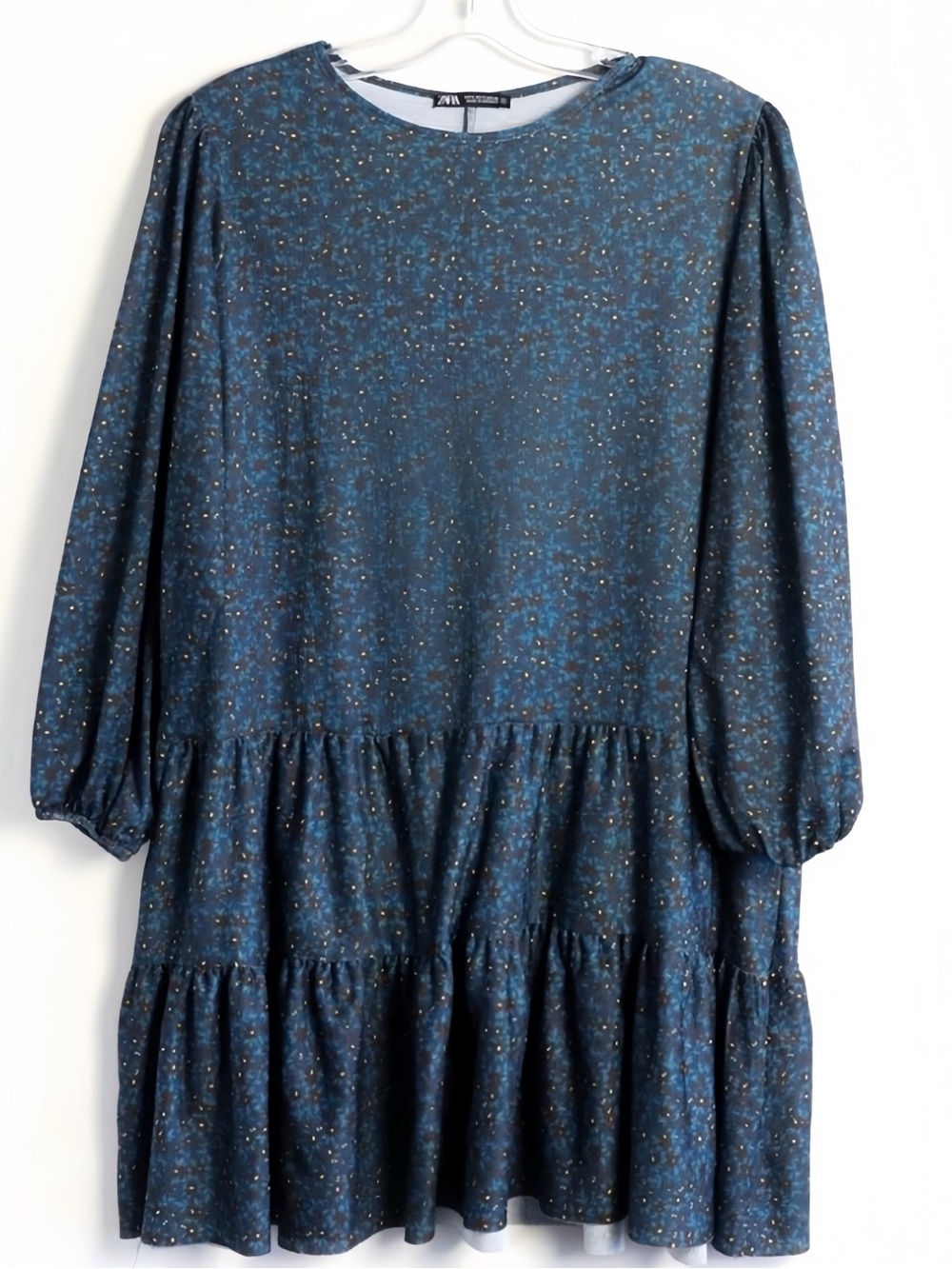 ZARA Tiered Long Sleeve Mini Dress in Blue and Green